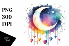 Simple Watercolor Moon with Hanging Hearts PNG Product Image 1
