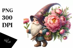 Detailed Watercolor Gnome with Peonies | Clipart Product Image 3