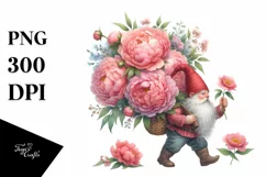 Detailed Watercolor Gnome with Peonies | Clipart Product Image 1