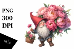 Detailed Watercolor Gnome with Peonies | Clipart Product Image 3