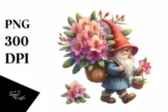 Detailed Watercolor Gnome with Rhododendron | Clipart Product Image 1