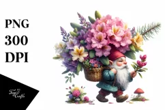 Detailed Watercolor Gnome with Rhododendron | Clipart Product Image 1