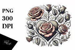 Vintage Hand-Drawn Heart with Roses, Summer PNG Product Image 1
