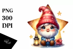 Cute Small Smiling Gnome on Star Watercolor Art | Clipart Product Image 1