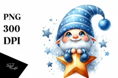 Cute Small Smiling Gnome on Star Watercolor Art | Clipart Product Image 1