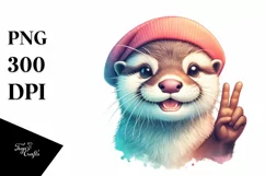 Funny Otter Portrait Victory Sign | Sublimation Clipart Product Image 1