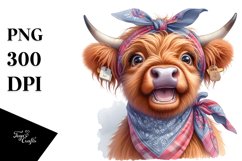 Cow Watercolor Highland Cow with Housewife Bandana | Clipart Product Image 1
