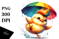 Vibrant Baby Chicken Jumping with Umbrella PNG Product Image 1