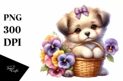 Cute Whimsical Puppy Basket Flowers Clipart Product Image 3