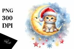Baby Kitten in Santa Hat on Moon PNG Product Image 3