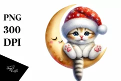 Baby Kitten in Santa Hat on Moon PNG Product Image 1