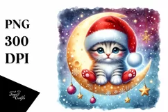 Baby Kitten in Santa Hat on Moon PNG Product Image 1