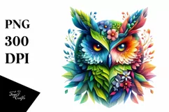 Abstract Vibrant Owl with Plant Leaves PNG Product Image 3