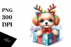 cute Watercolor Poodle with Reindeer Horns and Lights Product Image 1