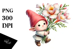 Cute Small Gnome with Large Freesia PNG Product Image 1