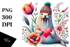 Boho Walrus Holding Heart, PNG Product Image 1