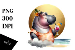 Hippo in Beachwear Drinking a Cocktail, PNG Product Image 1