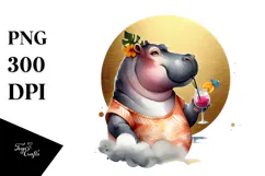 Watercolor Hippo Drinking Cocktail PNG Product Image 1
