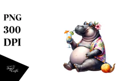 Hippo in Beachwear Drinking Cocktail PNG Product Image 1