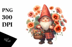 Detailed Watercolor Gnome with Nasturtium | Clipart Product Image 1