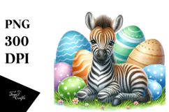 Baby Zebra Among Easter Eggs, Watercolor PNG Product Image 1