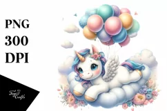Floating Baby Unicorn with Balloons | Clipart Product Image 1