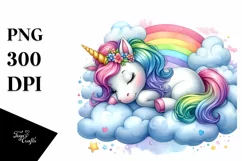 Colorful Baby Unicorn Napping on Cloud Watercolor Product Image 1