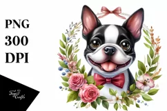 Funny Boston Terrier Floral Watercolor Clipart Product Image 1