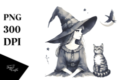 Simple Vintage Witch with Cat PNG Product Image 1