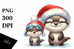 cute Watercolor Otter with Santa Hat and Sky Goggles Product Image 3