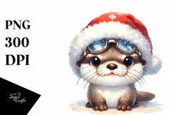 cute Watercolor Otter with Santa Hat and Sky Goggles Product Image 3