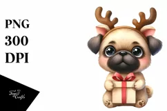 Pug with Reindeer Horns, Watercolor PNG Product Image 3