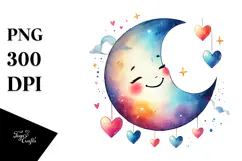 Colorful Moon with Hearts Watercolor PNG Product Image 1