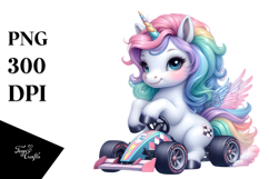 Colorful Baby Unicorn Race Car PNG Product Image 1
