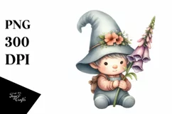 Watercolor Baby Gnome Caring Foxglove PNG Product Image 1