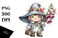 Watercolor Baby Gnome Caring Foxglove PNG Product Image 1