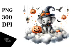 Halloween Elephant on Cloud, Watercolor PNG Product Image 1