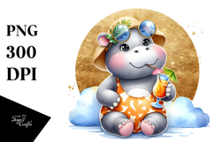 Happy Hippo in Beachwear, Golden Foil PNG Product Image 1