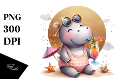 Happy Hippo in Beachwear, Golden Foil PNG Product Image 1