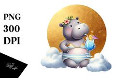 Happy Hippo in Beachwear, Golden Foil PNG Product Image 1