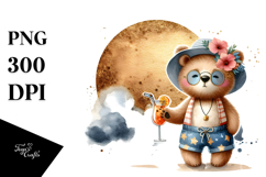 Watercolor Bear with Hipster Beachwear Cocktail PNG Product Image 1