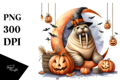 Autumn Walrus with Jack-o&#039;-Lanterns Clipart Product Image 1
