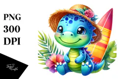 Happy Baby Dinosaur with Surfboard PNG Product Image 1
