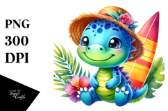 Happy Baby Dinosaur with Surfboard PNG Product Image 1
