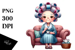 Old Lady Watercolor Character Sitting on Couch | Sublimation Product Image 1