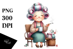 Old Lady Watercolor Character Sitting on Bench | Sublimation Product Image 1