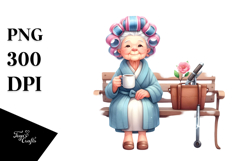 Old Lady Watercolor Character Sitting on Bench | Sublimation Product Image 1