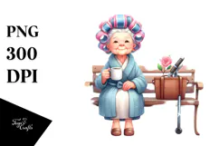 Old Lady Watercolor Character Sitting on Bench | Sublimation Product Image 1