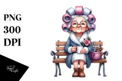 Old Lady Watercolor Character Sitting on Bench | Sublimation Product Image 1