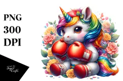 Playful Baby Unicorn with Boxer's Gloves, Watercolor PNG Product Image 1